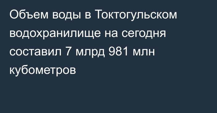 Объем воды в Токтогульском водохранилище на сегодня составил 7 млрд 981 млн кубометров