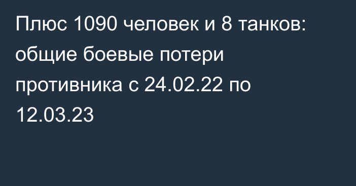 Плюс 1090 человек и 8 танков: общие боевые потери противника с 24.02.22 по 12.03.23
