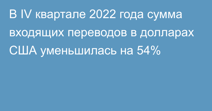 В IV квартале 2022 года сумма входящих переводов в долларах США уменьшилась на 54%