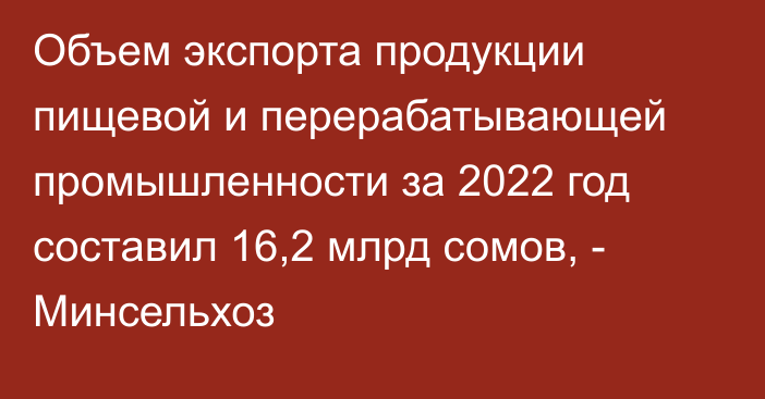 Объем экспорта продукции пищевой и перерабатывающей промышленности за 2022 год составил 16,2 млрд сомов, - Минсельхоз