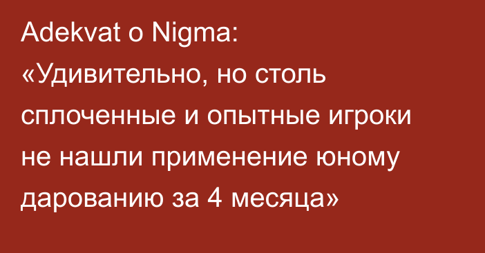 Adekvat о Nigma: «Удивительно, но столь сплоченные и опытные игроки не нашли применение юному дарованию за 4 месяца»