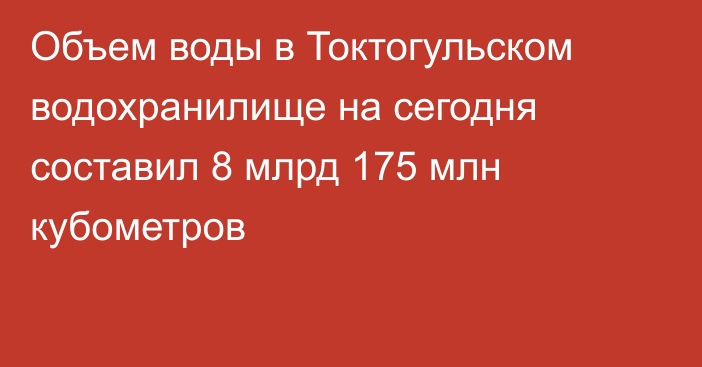 Объем воды в Токтогульском водохранилище на сегодня составил 8 млрд 175 млн кубометров