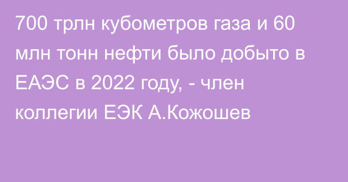 700 трлн кубометров газа и 60 млн тонн нефти было добыто в ЕАЭС в 2022 году, - член коллегии ЕЭК А.Кожошев