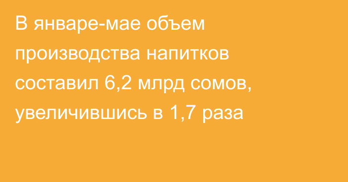 В январе-мае объем производства напитков составил 6,2 млрд сомов, увеличившись в 1,7 раза