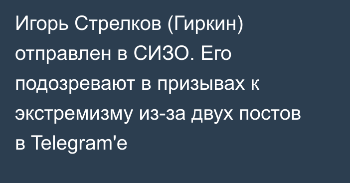Игорь Стрелков (Гиркин) отправлен в СИЗО. Его подозревают в призывах к экстремизму из-за двух постов в Telegram'е