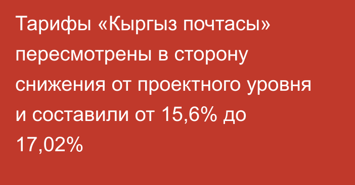Тарифы «Кыргыз почтасы» пересмотрены в сторону снижения от проектного уровня и составили от 15,6% до 17,02%