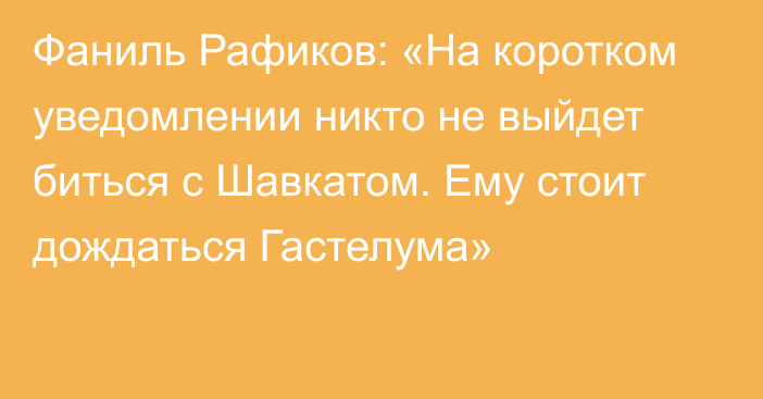 Фаниль Рафиков: «На коротком уведомлении никто не выйдет биться с Шавкатом. Ему стоит дождаться Гастелума»