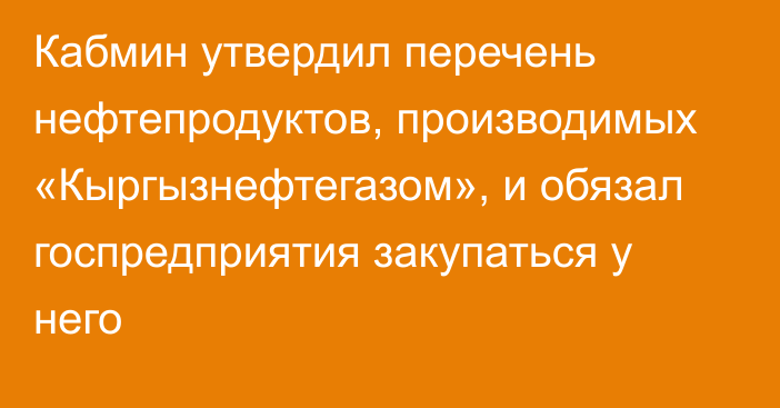 Кабмин утвердил перечень нефтепродуктов, производимых «Кыргызнефтегазом», и обязал госпредприятия закупаться у него