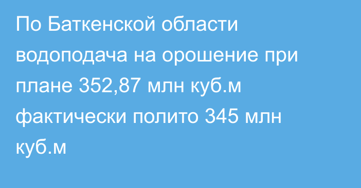 По Баткенской области водоподача на орошение при плане 352,87 млн куб.м фактически полито 345 млн куб.м