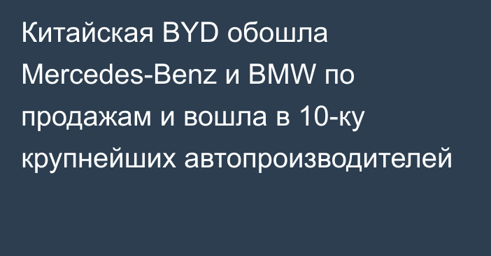 Китайская BYD обошла Mercedes-Benz и BMW по продажам и вошла в 10-ку крупнейших автопроизводителей