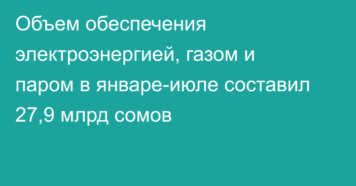 Объем обеспечения электроэнергией, газом и паром в январе-июле составил 27,9 млрд сомов