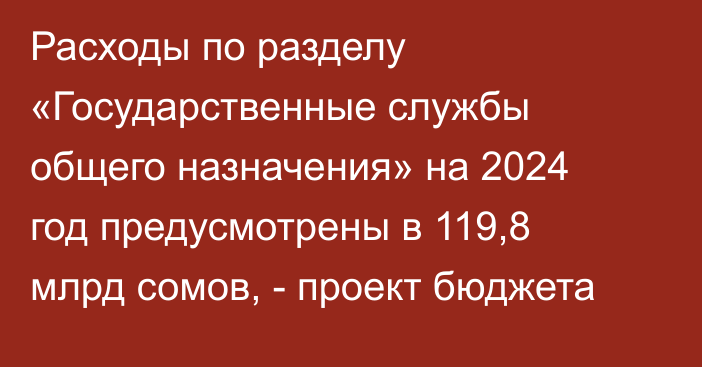 Расходы по разделу «Государственные службы общего назначения» на 2024 год предусмотрены в 119,8 млрд сомов, - проект бюджета