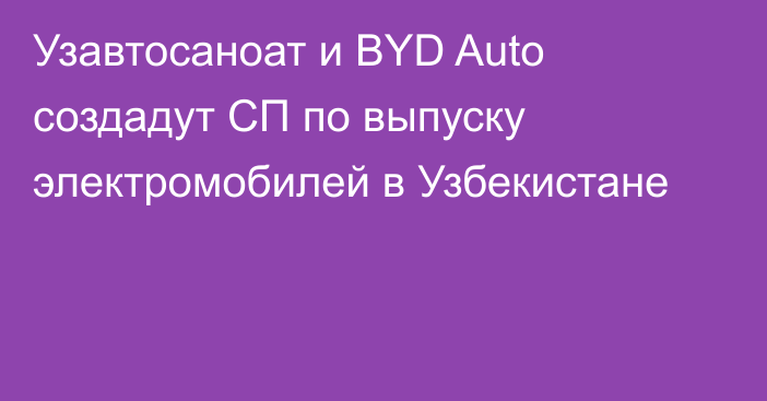 Узавтосаноат и BYD Auto создадут СП по выпуску электромобилей в Узбекистане