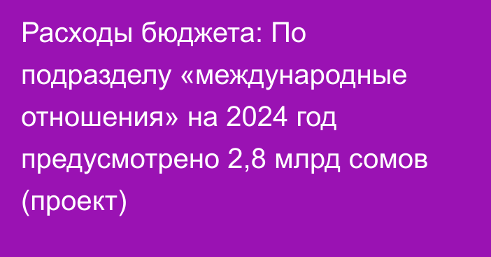 Расходы бюджета: По подразделу «международные отношения» на 2024 год предусмотрено 2,8 млрд сомов (проект)