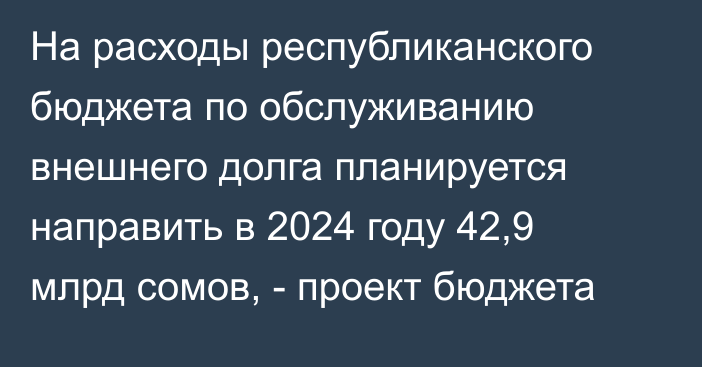 На расходы республиканского бюджета по обслуживанию внешнего долга планируется направить в 2024 году 42,9 млрд сомов, - проект бюджета