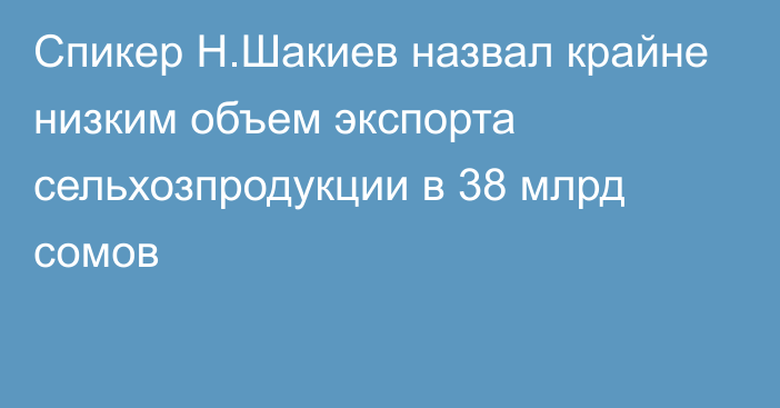 Спикер Н.Шакиев назвал крайне низким объем экспорта сельхозпродукции в 38 млрд сомов
