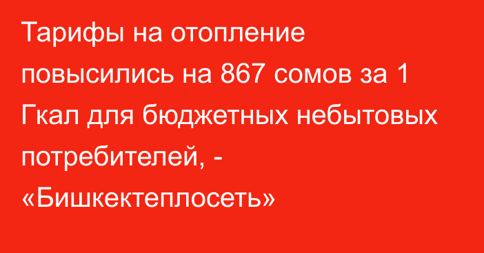 Тарифы на отопление повысились на 867 сомов за 1 Гкал для бюджетных небытовых потребителей, - «Бишкектеплосеть»