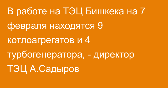 В работе на ТЭЦ Бишкека на 7 февраля находятся 9 котлоагрегатов и 4 турбогенератора, - директор ТЭЦ А.Садыров