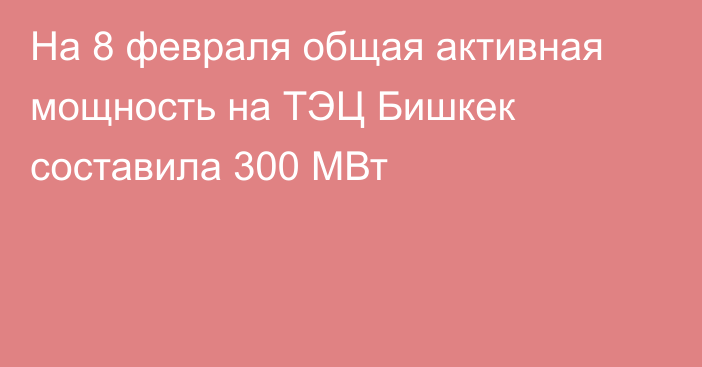 На 8 февраля общая активная мощность на ТЭЦ Бишкек составила 300 МВт