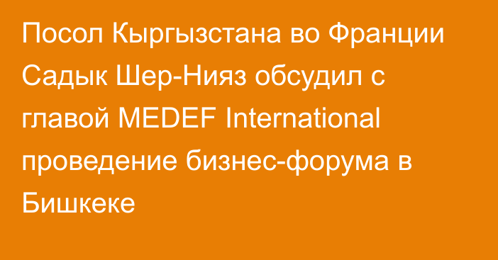 Посол Кыргызстана во Франции Садык Шер-Нияз обсудил с главой MEDEF International проведение бизнес-форума в Бишкеке