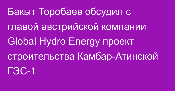 Бакыт Торобаев обсудил с главой австрийской компании Global Hydro Energy проект строительства Камбар-Атинской ГЭС-1