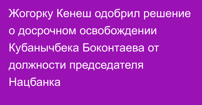 Жогорку Кенеш одобрил решение о досрочном освобождении Кубанычбека Боконтаева от должности председателя Нацбанка