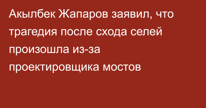 Акылбек Жапаров заявил, что трагедия после схода селей произошла из-за проектировщика мостов