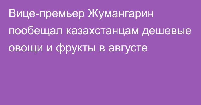 Вице-премьер Жумангарин пообещал казахстанцам дешевые овощи и фрукты в августе