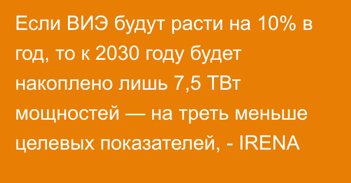 Если ВИЭ будут расти на 10% в год, то к 2030 году будет накоплено лишь 7,5 ТВт мощностей — на треть меньше целевых показателей, - IRENA