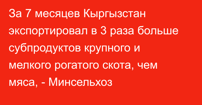 За 7 месяцев Кыргызстан экспортировал в 3 раза больше субпродуктов крупного и мелкого рогатого скота, чем мяса, - Минсельхоз