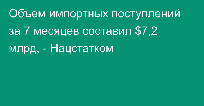 Объем импортных поступлений за 7 месяцев составил $7,2 млрд, - Нацстатком