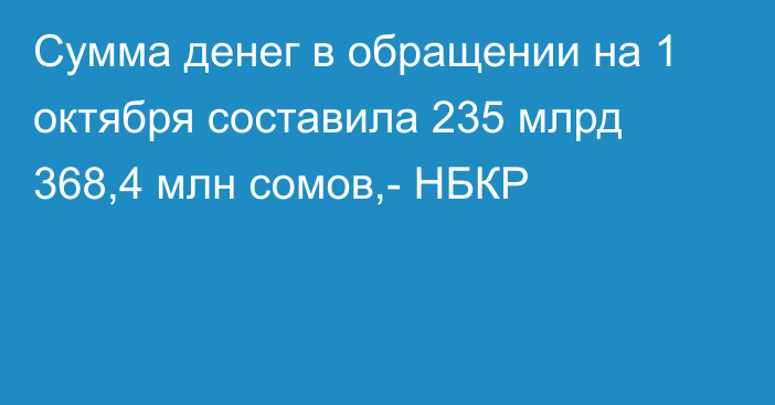 Сумма денег в обращении на 1 октября составила 235 млрд 368,4 млн сомов,- НБКР