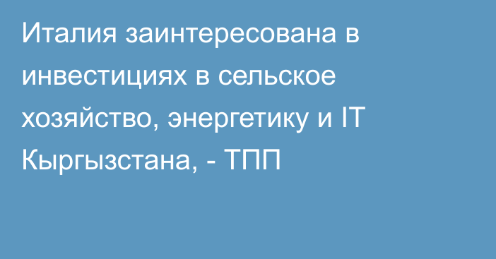 Италия заинтересована в инвестициях в сельское хозяйство, энергетику и IT Кыргызстана, - ТПП