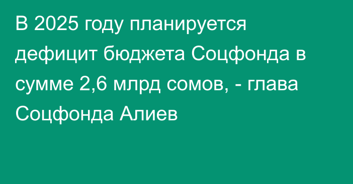 В 2025 году планируется дефицит бюджета Соцфонда в сумме 2,6 млрд сомов, - глава Соцфонда Алиев