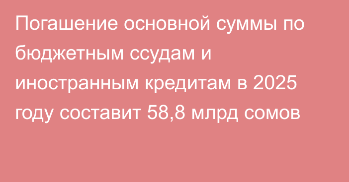 Погашение основной суммы по бюджетным ссудам и иностранным кредитам в 2025 году составит 58,8 млрд сомов