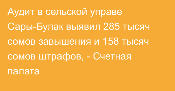 Аудит в сельской управе Сары-Булак выявил 285 тысяч сомов завышения и 158 тысяч сомов штрафов, - Счетная палата