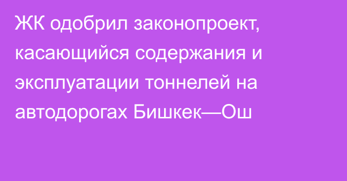 ЖК одобрил законопроект, касающийся содержания и эксплуатации тоннелей на автодорогах Бишкек—Ош