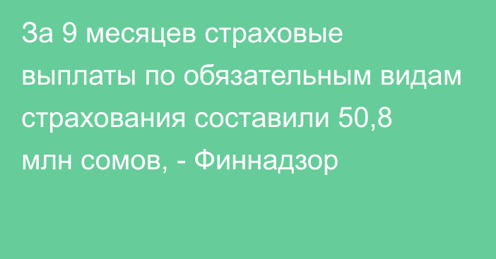 За 9 месяцев страховые выплаты по обязательным видам страхования составили 50,8 млн сомов, - Финнадзор