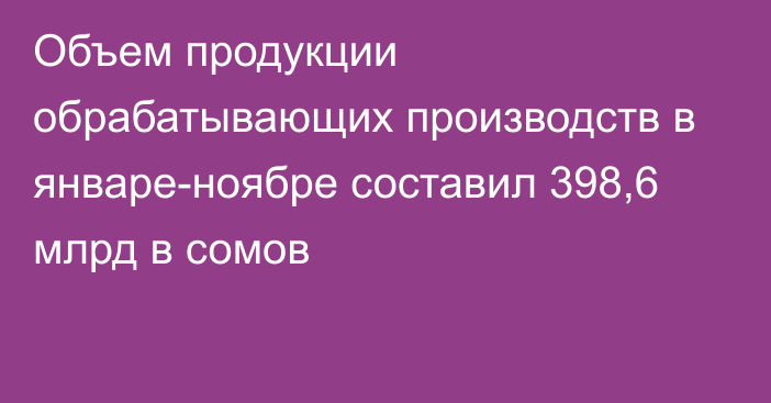 Объем продукции обрабатывающих производств в январе-ноябре составил 398,6 млрд в сомов