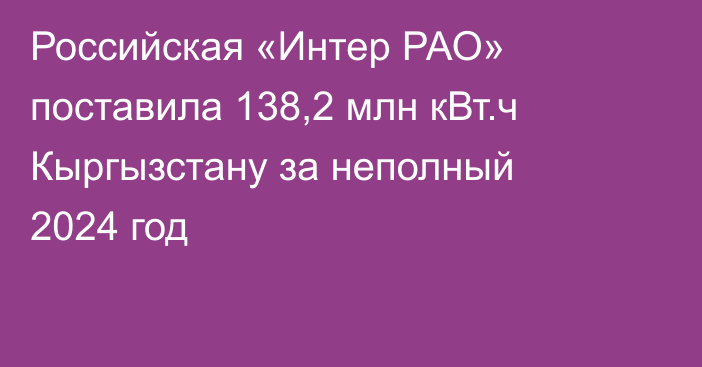 Российская «Интер РАО» поставила 138,2 млн кВт.ч Кыргызстану за неполный 2024 год