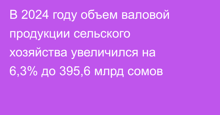 В 2024 году объем валовой продукции сельского хозяйства увеличился на 6,3% до 395,6 млрд сомов