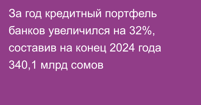 За год кредитный портфель банков увеличился на 32%, составив на конец 2024 года 340,1 млрд сомов