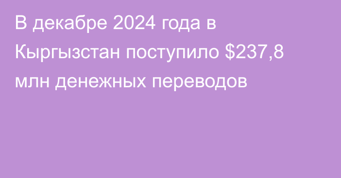 В декабре 2024 года в Кыргызстан поступило $237,8 млн денежных переводов
