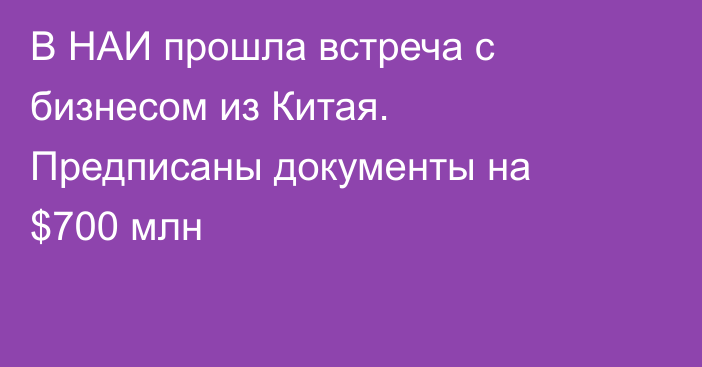 В НАИ прошла встреча с бизнесом из Китая. Предписаны документы на $700 млн
