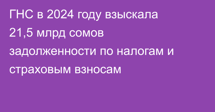 ГНС в 2024 году взыскала 21,5 млрд сомов задолженности по налогам и страховым взносам