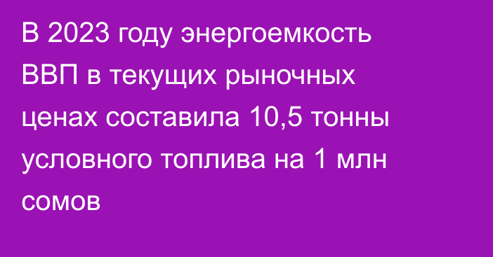 В 2023 году энергоемкость ВВП в текущих рыночных ценах составила 10,5 тонны условного топлива на 1 млн сомов