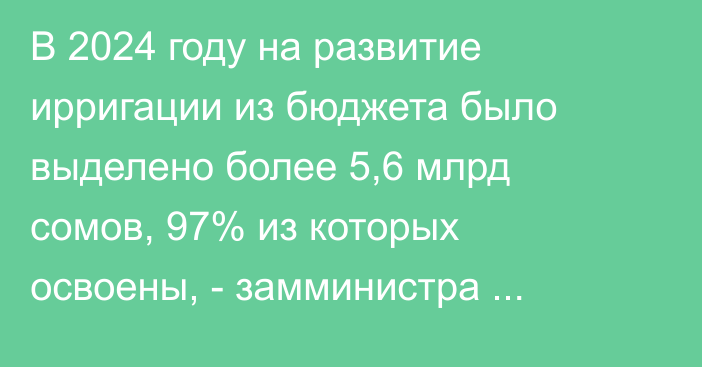 В 2024 году на развитие ирригации из бюджета было выделено более 5,6 млрд сомов, 97% из которых освоены, - замминистра Керималиев 