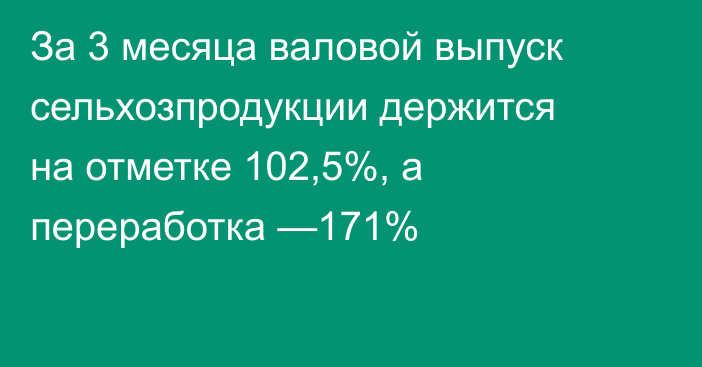 За 3 месяца валовой выпуск сельхозпродукции держится на отметке 102,5%, а переработка —171% 