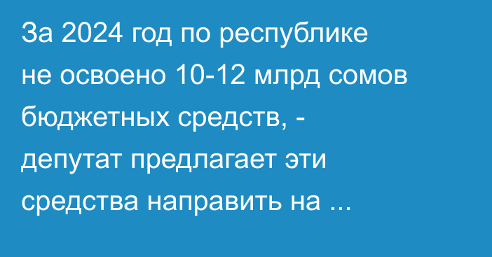 За 2024 год по республике не освоено 10-12 млрд сомов бюджетных средств, - депутат предлагает эти средства направить на зарплаты и пенсии