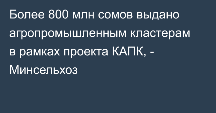 Более 800 млн сомов выдано агропромышленным кластерам в рамках проекта КАПК, - Минсельхоз